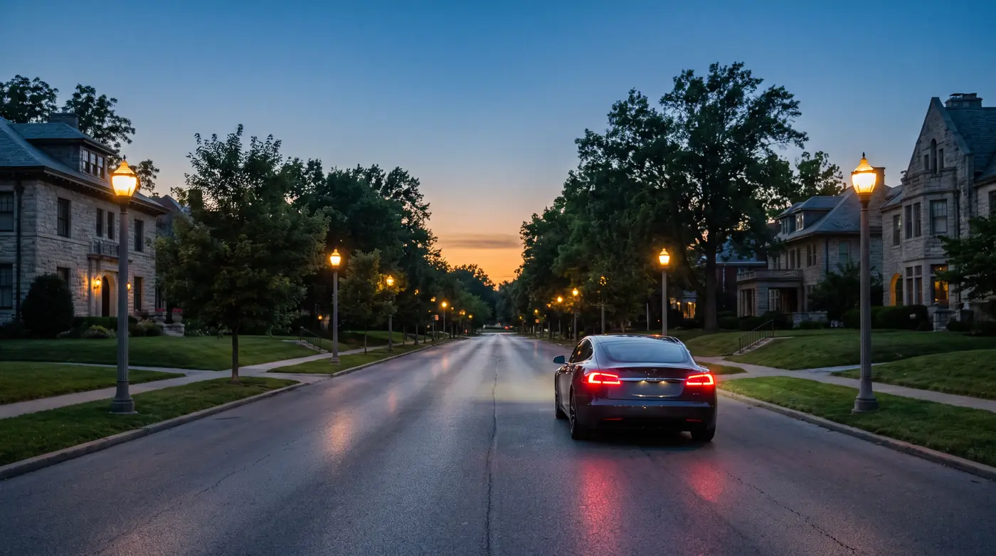 A dark sedan driving down a tree lined boulevard at dusk, street lamps on.