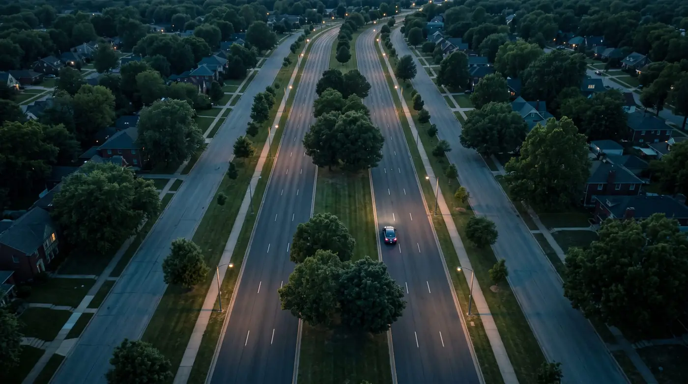 Kansas City from above at blue hour, a tree lined parkway and one car.