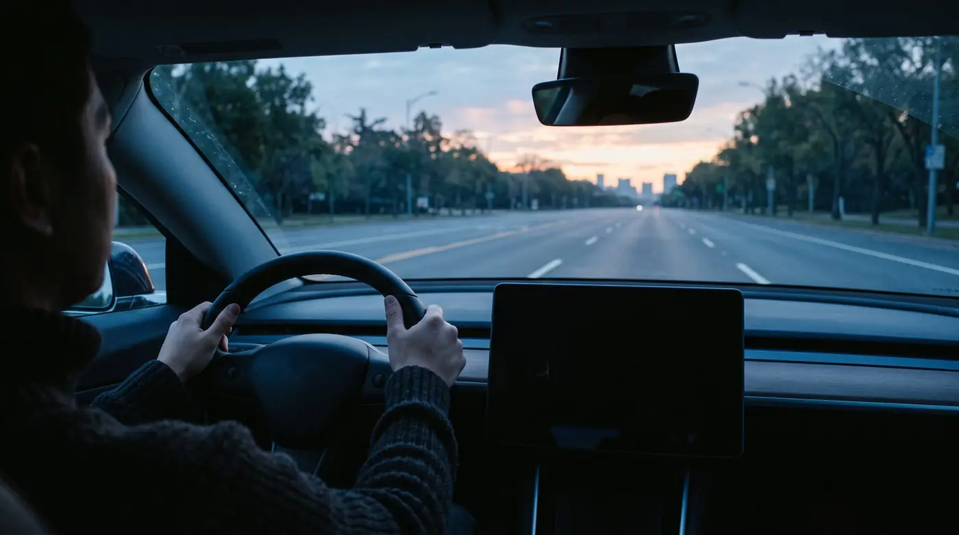 Hands on the wheel, looking down a wide empty road at dawn.
