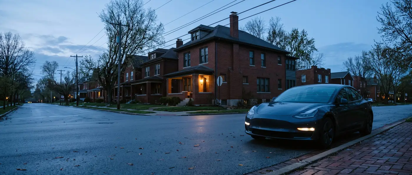 A dark sedan waiting at the kerb of a quiet brick street before sunrise.