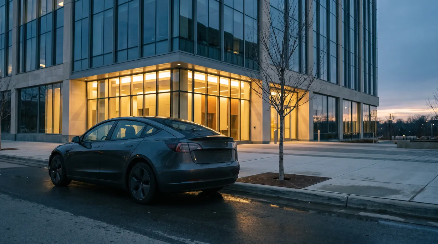 A dark sedan at the kerb of an office building at blue hour.