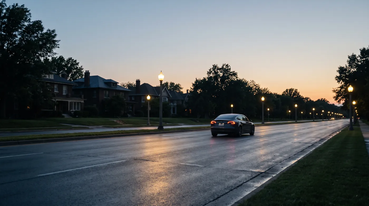 A tree lined parkway at blue hour, one car and the lamps newly lit.